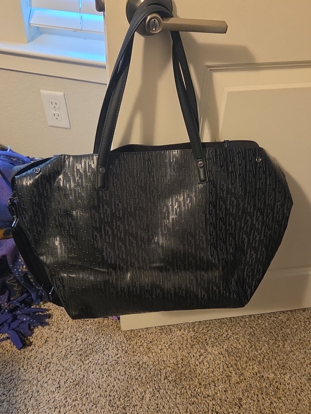 Black Women's Tote Bag with Subtle Monogram Texture